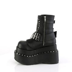 4 1/2" Tiered Platform Lace-Up Black Vegan Leather Ankle Boot, Side Zip | Demonia BEAR-150 Alternative Shoes, Skull Patch, Demonia Shoes, Festival Shoes, Punk Boots, Gogo Boots, Shoe Inserts, Cosplay Shoes, Black Vegan