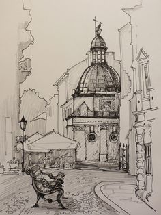 a pencil drawing of a bench in front of a building with a dome on top