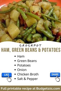 a red plate topped with green beans and potatoes next to a white sign that reads crackpot ham, green beans & potatoes