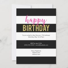 a black and white striped birthday card with the words happy birthday written in pink on it