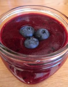 two blueberries sit in the middle of a jar of liquid on a wooden table