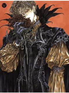 an image of a man in black and gold clothing with feathers on his head, holding two hands to his face