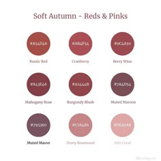 Red and Pink colors that work with Soft Autumn color analysis   If you don't like a color, even if it is your "best color", you do not have to wear it! Pink For Soft Autumn, Reds For Soft Autumn, Soft Autumn Lip Color, Red Lipstick For Soft Autumn, Soft Autumn Red Lipstick, Soft Autumn Pink, Soft Autumn Hair Color Red, Muted Red Color Palette, Muted Red