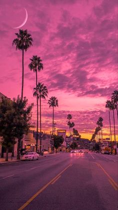 palm trees line the street as the sun sets in an orange and pink sky over a city