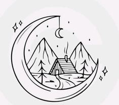 a drawing of a house on the moon with mountains and stars in the night sky