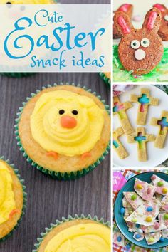 easter treats and desserts with the words cute easter snack ideas written on them in blue letters