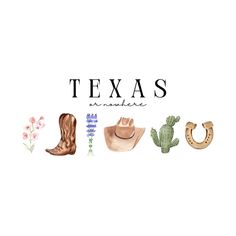 the word texas surrounded by different types of cowboy boots, flowers and cacti