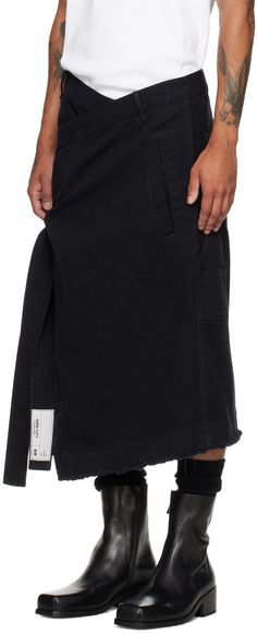 Relaxed-fit non-stretch denim skirt. · Wrap construction · Belt loops · Self-tie fastening at waistband · Four-pocket styling · Raw edge at hem · Patch pockets at back Supplier color: Black Black Denim Midi Skirt, Stretch Denim Skirt, Black Apron, Skirt Wrap, Latest Skirts, Black Denim Skirt, Denim Maxi Skirt, Mermaid Skirt, Black Midi Skirt