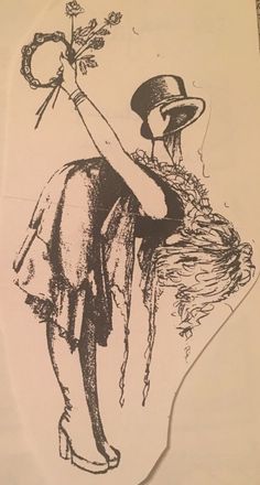 an ink drawing of a woman watering water