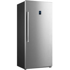 a silver refrigerator freezer sitting on top of a white wall