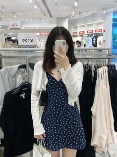 Navy Casual Dress, Summer Dress Cardigan, Sundress Cardigan Outfit, Summer Dress And Cardigan, Sundress And Cardigan Outfit, Dress With Cardigan Aesthetic, Dress And Cardigan Outfit Summer, Casual Kpop Outfits, Sundress With Cardigan