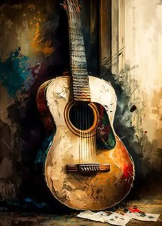 an acoustic guitar sitting on top of a table next to a window with papers scattered about it