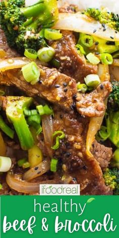 beef and broccoli stir fry on a white plate with text overlay that reads healthy beef and broccoli stir fry