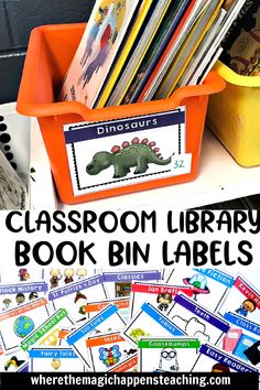 classroom library book bin labels with dinosaurs on them and the words, dinosaur library book bin labels