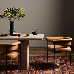 a table with two chairs and a potted plant sitting on top of it next to a rug