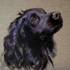 a painting of a black dog with long hair