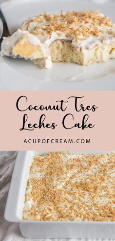 coconut trees leches cake on a white plate with a pink background and text overlay