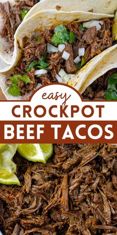 easy crockpot beef tacos with limes and cilantro on the side