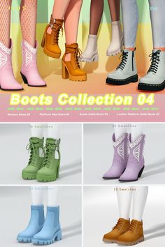 four pairs of boots with different colors and sizes, all in the same color scheme