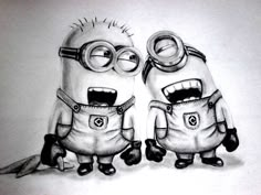 pencil drawing of two minion characters