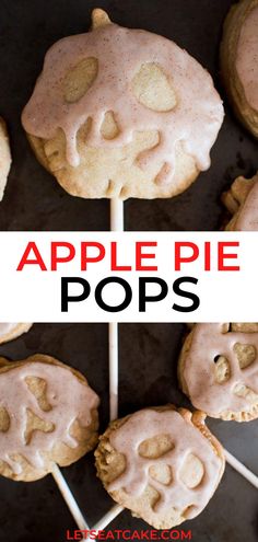 apple pie pops with marshmallows on top and the words, apples pie pops above them