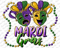 two mardi gras masks with beads around them and the words mardi gras