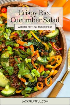 a close up of a bowl of food with broccoli, peppers and cucumber salad