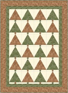 a quilted wall hanging with trees in the center and two rows of triangles on each side