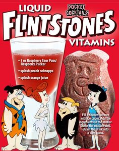 an advertisement for flintstones vitamins with cartoon characters next to a glass of liquid