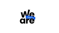 we are agency logo with blue and black text on white background for an advertising company