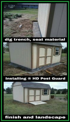 two pictures showing how to build a small shed with windows and doors on each side