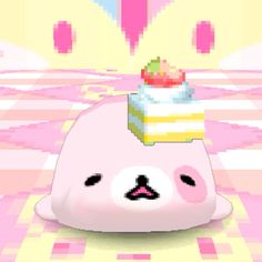 an animal with a slice of cake on it's head in front of a pink and yellow background