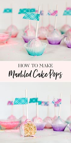 cake pops with marshmallows on them and the words how to make marbled cake pops