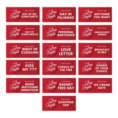 six red coupons for valentine's day with the words love letter written on them