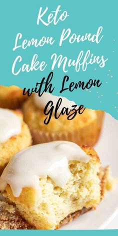 lemon pound cake muffins with icing on a white plate