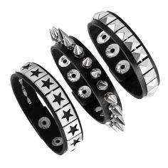 PRICES MAY VARY. Package Included : 1 * Punk Leather Spikes Bracelet + 1 * Classic Retro Leather Square Rivets Cuff Wristlet + 1 * Star Pattern Rivets Punk Wristband. Material : PU Leather + Premium Polished Alloy. Size : As the picture shown beside, these bracelets are designed with adjustable snap back button, just match them with your own size. Suitable Occasions : Guitar Shows, Night Club, Music Carnvial, Rock Concert, 80s theme Party, 90s theme Party, Rave Party, etc. Perfect Gift : These b Punk Jewelry With Spikes For Concerts, Punk Spiked Jewelry For Concerts, Trendy Metal Wristband For Concerts, Rocker Style Metal Jewelry For Festival, Adjustable Punk Wristband For Concerts, Metal Bracelets With Rivets In Rocker Style, Metal Rocker Style Bracelet For Festivals, Rock Style Party Jewelry With Spikes, Rock Style Spiked Jewelry For Parties