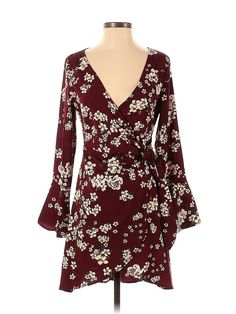 Shein Cocktail Dress Size: X-Small Burgundy Dresses - used. 100% POLYESTER, Wrap, Plunge, Floral, Short, Long Sleeve | Shein Cocktail Dress - Wrap: Burgundy Floral Dresses - Used - Size X-Small Fitted Floral Dress With Surplice Neckline For Brunch, Floral Print Rayon Dress With Surplice Neckline, Spring Rayon Wrap Dress With Surplice Neckline, Spring Surplice Neckline Rayon Wrap Dress, V-neck Rayon Mini Dress For Date Night, Fall V-neck Rayon Mini Dress, V-neck Dress With Floral Print, V-neck Floral Print Dress, Long Sleeve Rayon Mini Dress For Brunch