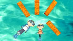 an image of two people in the water with orange sticks sticking out of their mouths