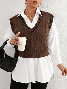 Coffee Brown Casual Collar  Knitwear Striped  Embellished Slight Stretch  Women Plus Clothing Knitted Vest Outfit, Office Wear Outfit, Knit Vest Outfit, Vest Outfits For Women, Winter Mode Outfits, Plus Size Pullover, Office Wear Women