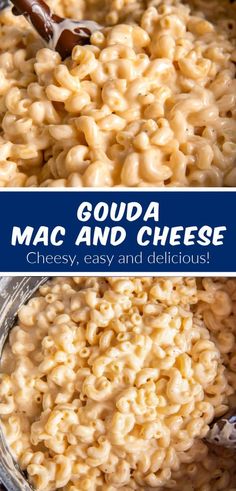 macaroni and cheese in a glass bowl with the words gouaa mac and cheese