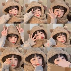 multiple pictures of a woman wearing a teddy bear hat and making the peace sign with her hands