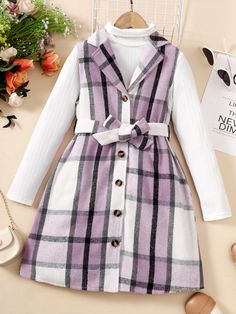 Lilac Purple Casual Collar Long Sleeve  Plaid  Embellished Slight Stretch  Girls Clothing Chaleco Casual, Winter Baby Clothes, Vest Coat, Long Sleeve Plaid, Lilac Purple, Baby Winter, Plaid Print, Girls Clothing, Clothing Patterns