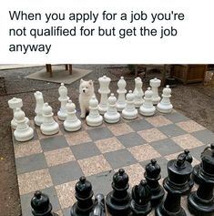 a large chess board with black and white pieces sitting on it's side, in front of the words when you apply for a job you're not quainted for but get the job