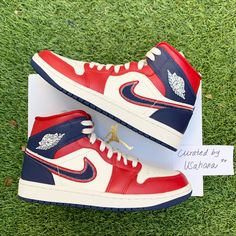 Women’s Nike Air Jordan 1 Mid White Red Blue Shoes Brand New Factory Laced Original Box Women’s 7 (5.5y) Women’s 7.5 (6y) Women’s 8 (6.5y) Check Out With Women’s Size 100% Authentic Ships Within 24 Hours Final Sale #Y2k #Hypebeast Blue High-top Custom Sneakers With Red Sole, Custom Blue High-top Sneakers With Red Sole, Blue And Red Jordans, Blue Custom High-top Sneakers With Red Sole, Red And Blue Nike Shoes, Blue Leather Mid-top Jordan Shoes, Breathable Blue Synthetic Jordan Shoes, Jordan 1 Red, Red Synthetic Jordan Shoes