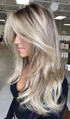 Blond Hair With Shadow Roots And Lowlights, Long Blonde Blowout Hair, Perfect Blonde Hair Highlights, Beige Hair With Highlights, Blonde For Dark Hair, Bright Blonde Balayage On Dark Hair, Blowout Hair Blonde, Blowout Blonde Hair, Blonde Hair Long Layers