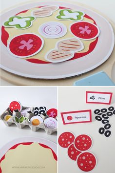 the process to make a paper plate with buttons and stickers is shown in three different stages