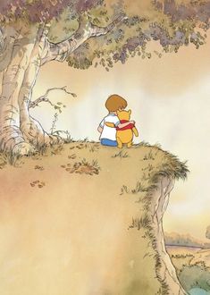 winnie the pooh sitting on top of a hill next to a tree and water