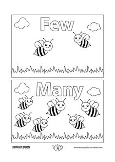 two coloring pages with the words few and many bees