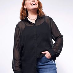 The Empower Sheer Long Sleeve Button Up Chic Sheer Button-up Tops, Sheer Button-up Tops For Night Out, Casual Sheer Top For Office, Casual Sheer Blouse For Office, Trendy Sheer Blouse For Fall, Sheer Casual Blouse For Night Out, Casual Sheer Blouse For Night Out, Chic Button-up Tops For Layering, Satin Button Up