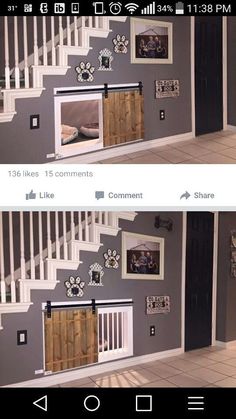 two pictures of the same room with stairs and dog door on each side, one has an open window to let in light